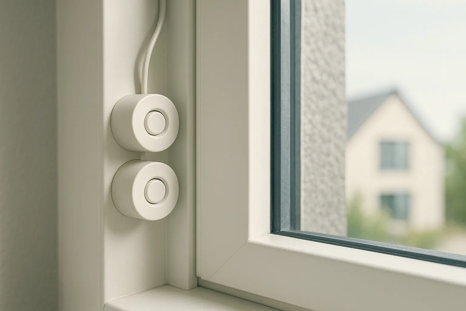 Ein unauffälliger Öffnungskontakt überwacht ein Fenster als Teil der Außenhautsicherung.
